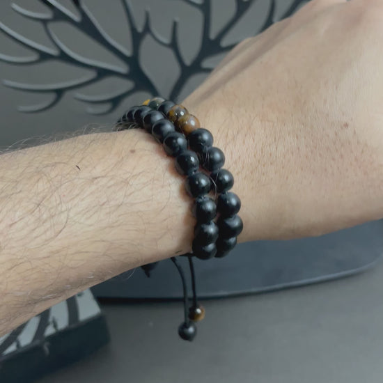 Tiger eye and matt black agate natural stone beads bracelets for men women online in pakistan