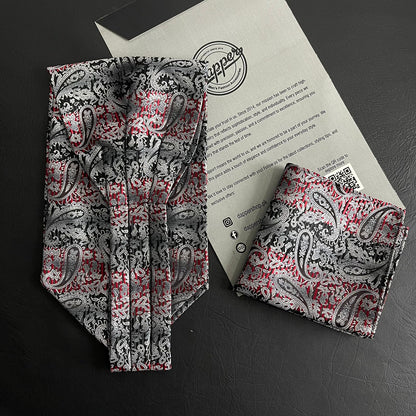 silver and red Paisley Ascot Tie, cravat tie and pocket square for men online in Pakistan