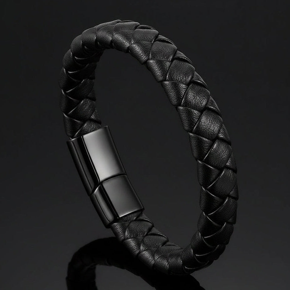 sleek black braided eather bracelet for men in Pakistan