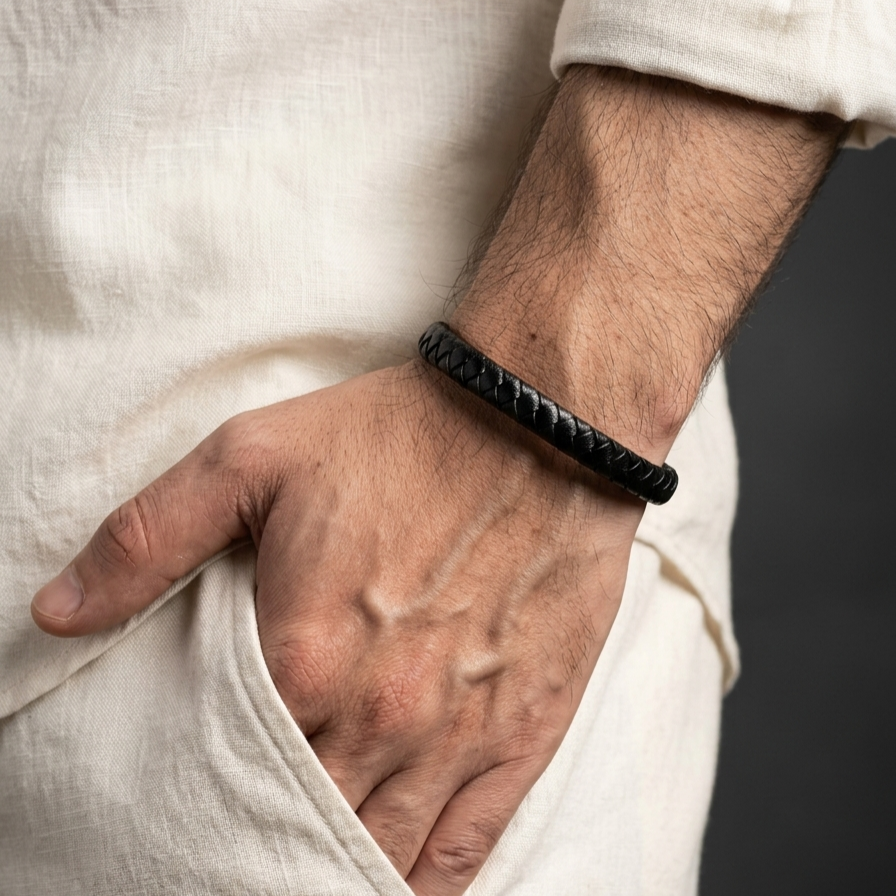 sleek black braided eather bracelet for men in Pakistan