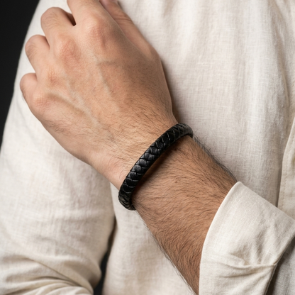 sleek black braided eather bracelet for men in Pakistan