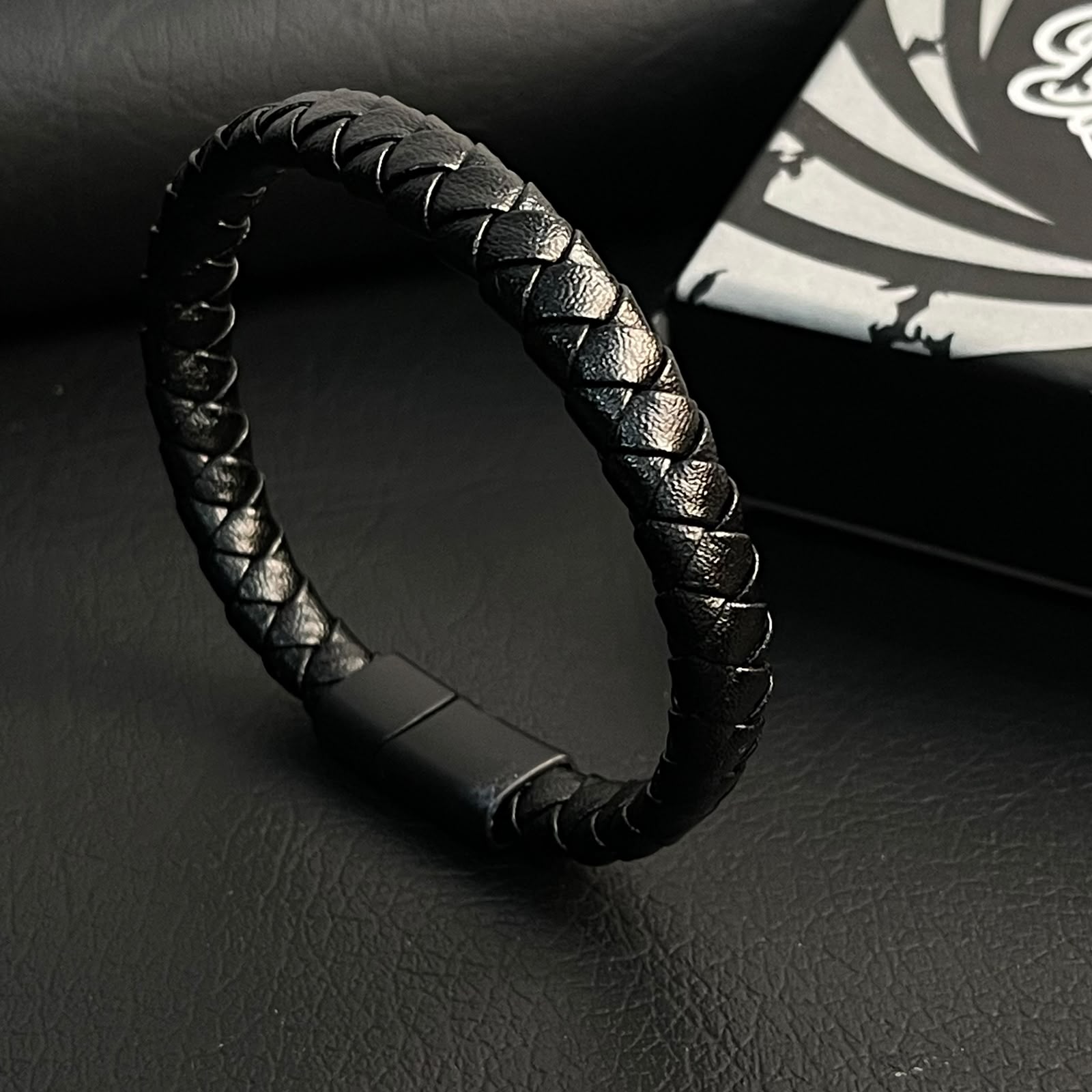 sleek black braided eather bracelet for men in Pakistan