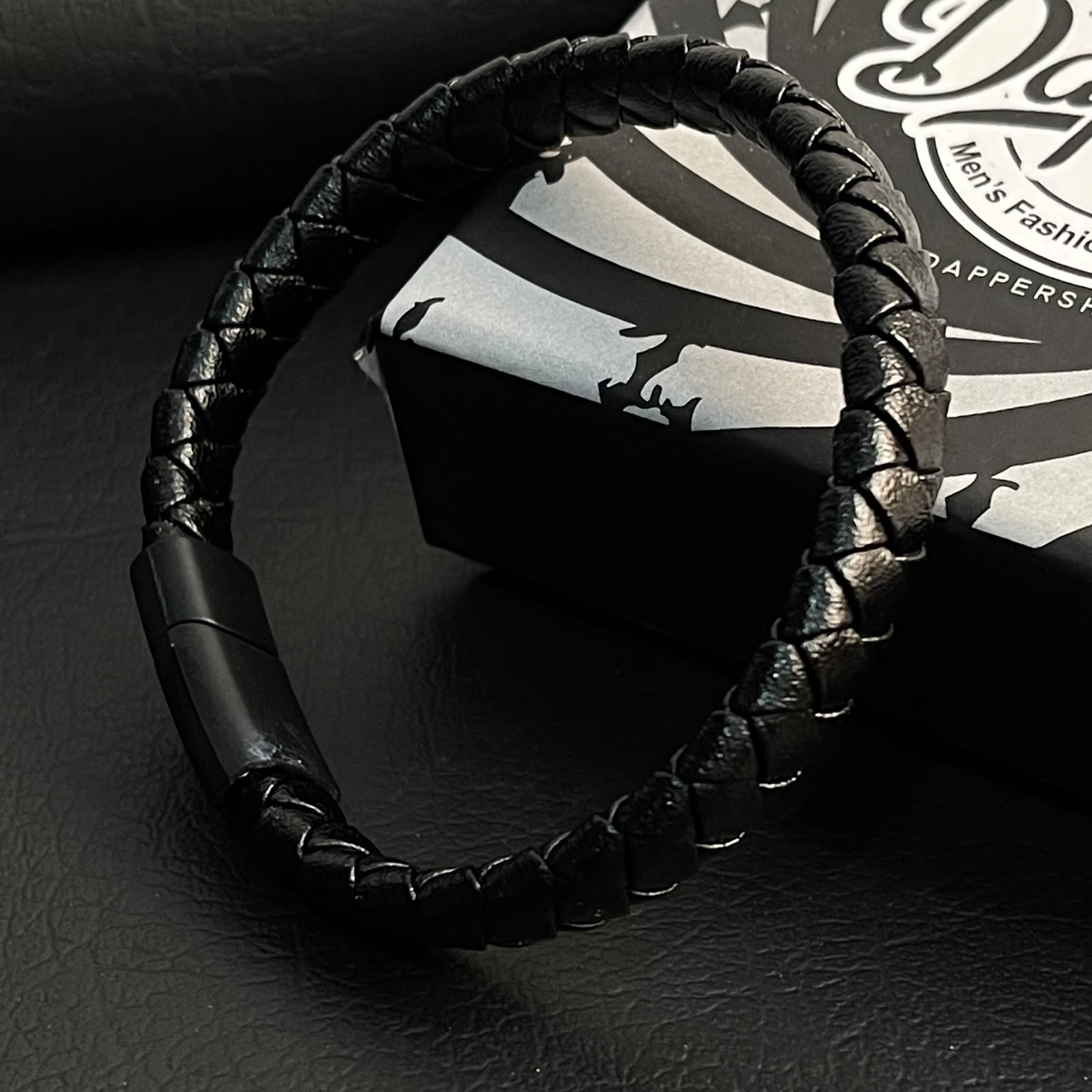 sleek black braided eather bracelet for men in Pakistan