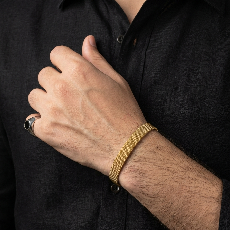 stainless steel golden mesh kara hand cuff bracelet for men in Pakistan