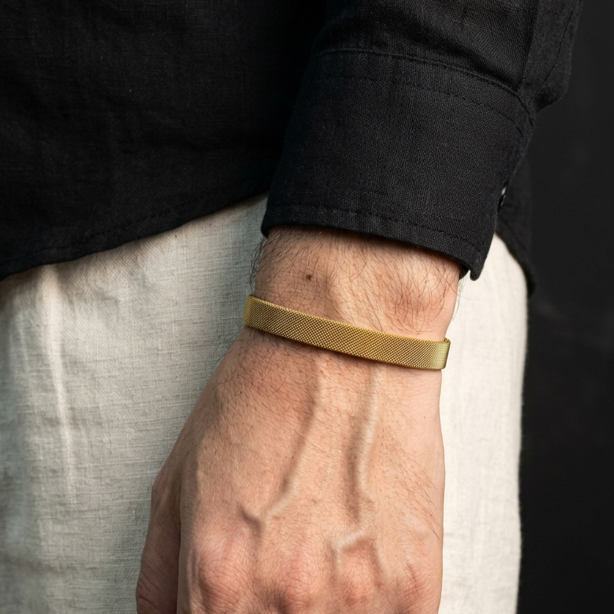 stainless steel golden mesh kara hand cuff bracelet for men in Pakistan