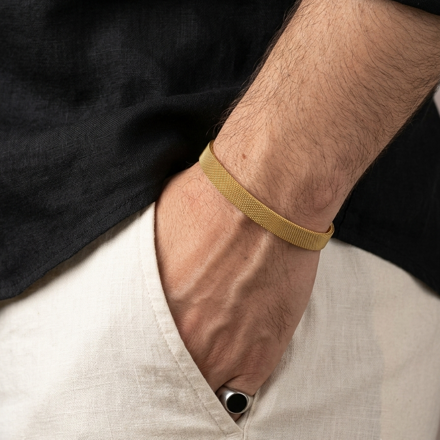 stainless steel golden mesh kara hand cuff bracelet for men in Pakistan
