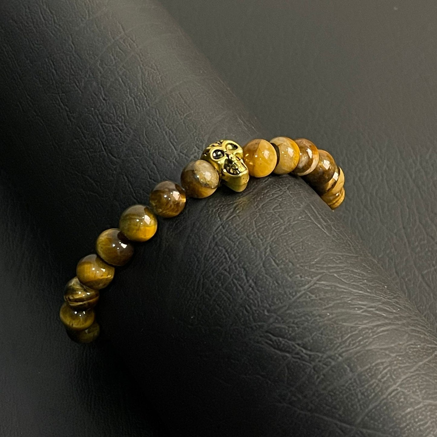 tiger eye stone beads bracelet with golden skull online in Pakistan