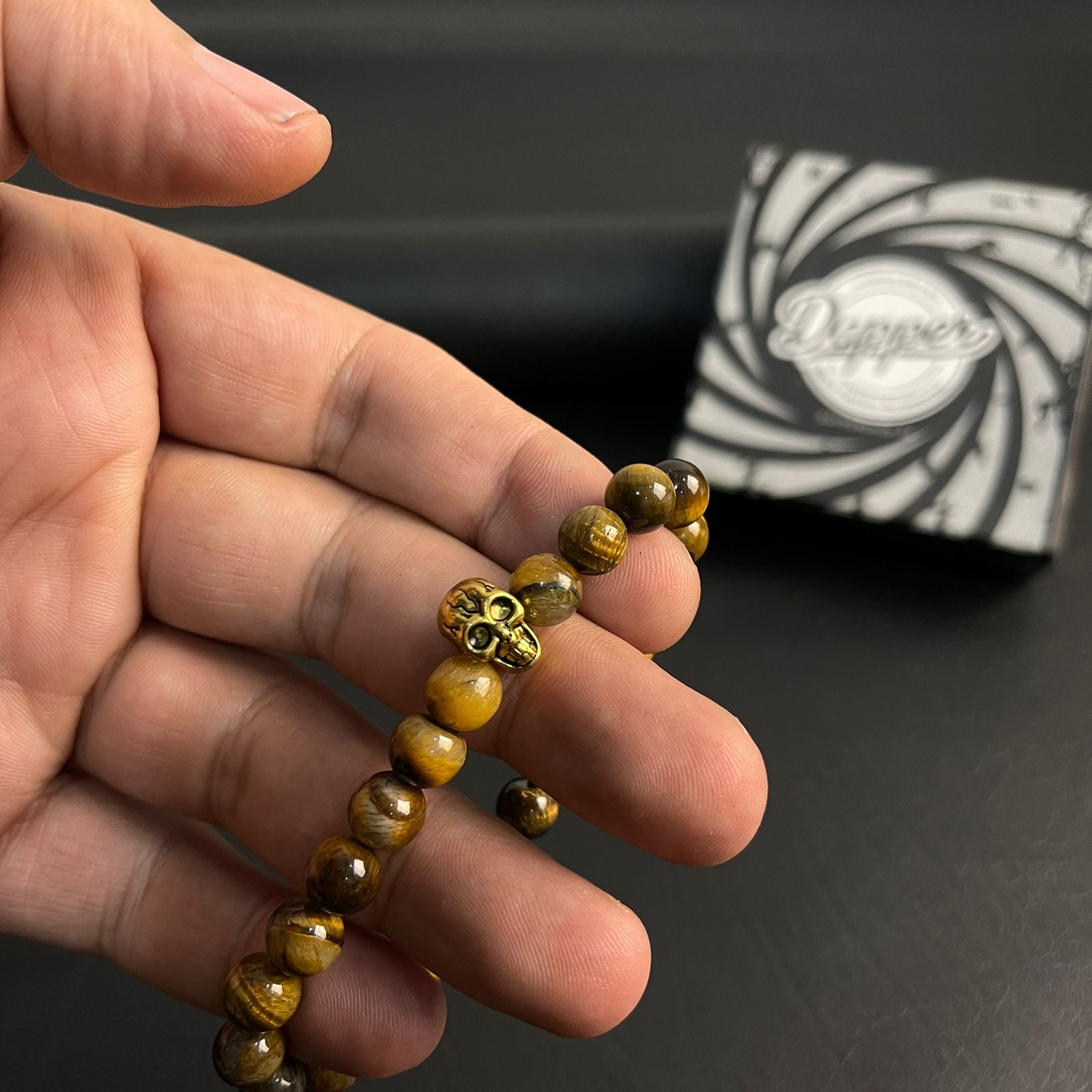 tiger eye stone beads bracelet with golden skull online in Pakistan