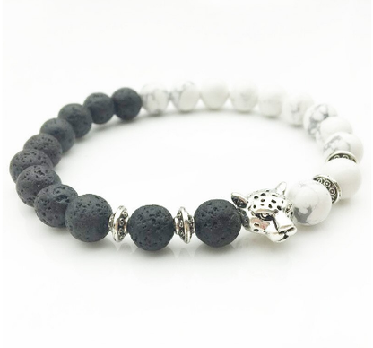 Silver Panther White & Lawa Beads Bracelet