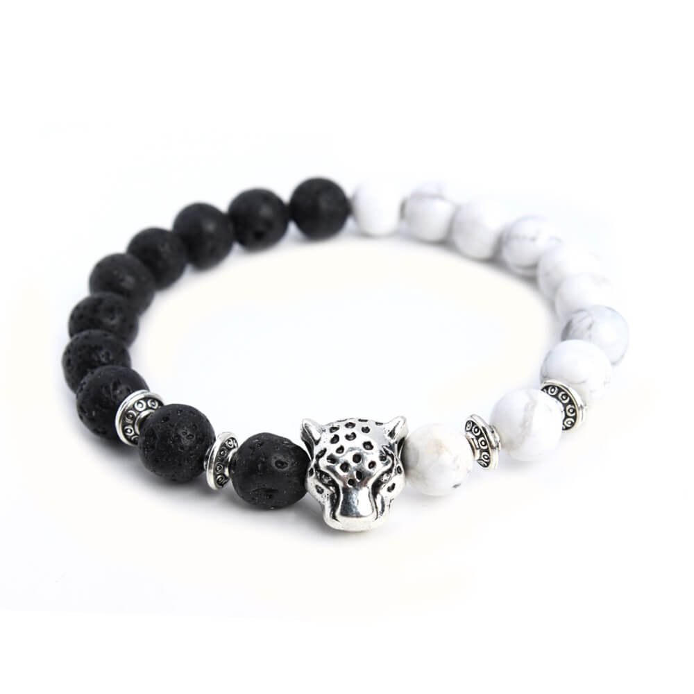 Silver Panther White & Lawa Beads Bracelet