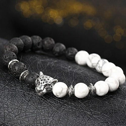 Silver Panther White & Lawa Beads Bracelet
