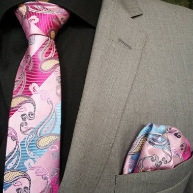 Pink Paisley Floral Neck Tie Set For Men