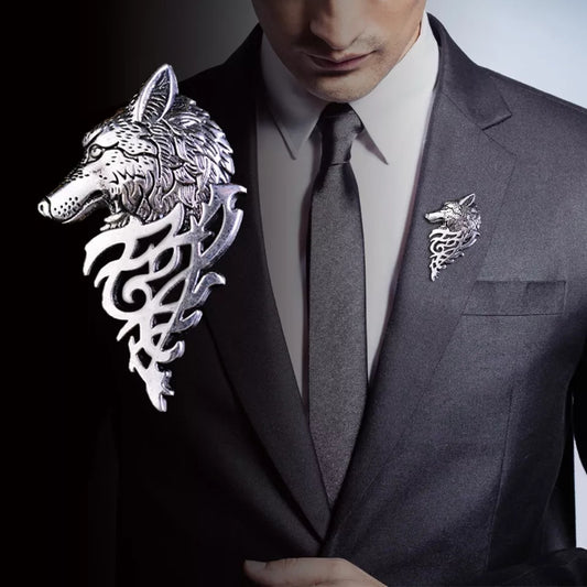 Silver wolf head brooch lapel pin for men online in Pakistan