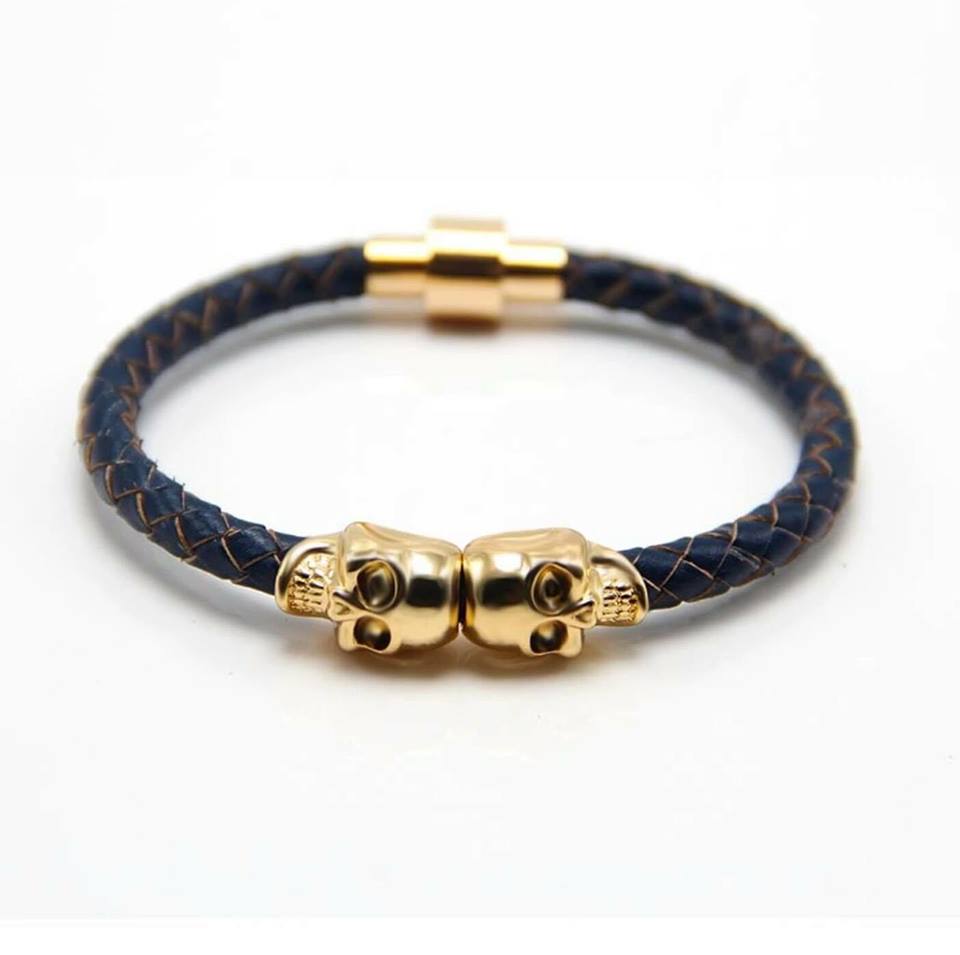 Blue Leather Golden Skull Bracelet