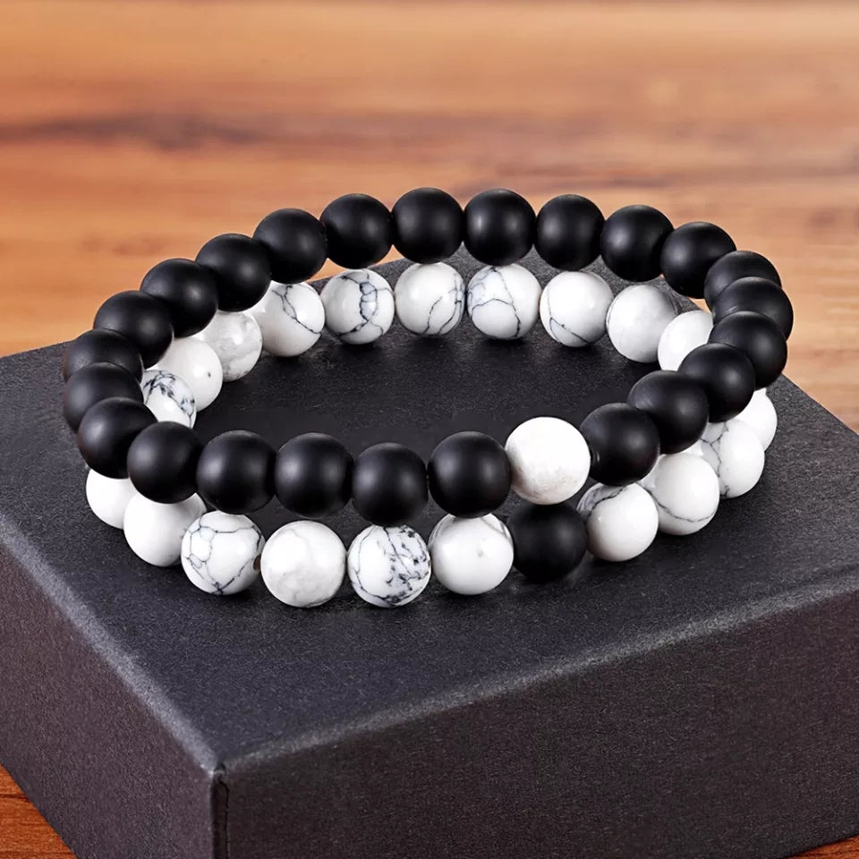 Matt Black & White Agate Energy Stone Beads Distance Bracelet Set Couple Bracelet