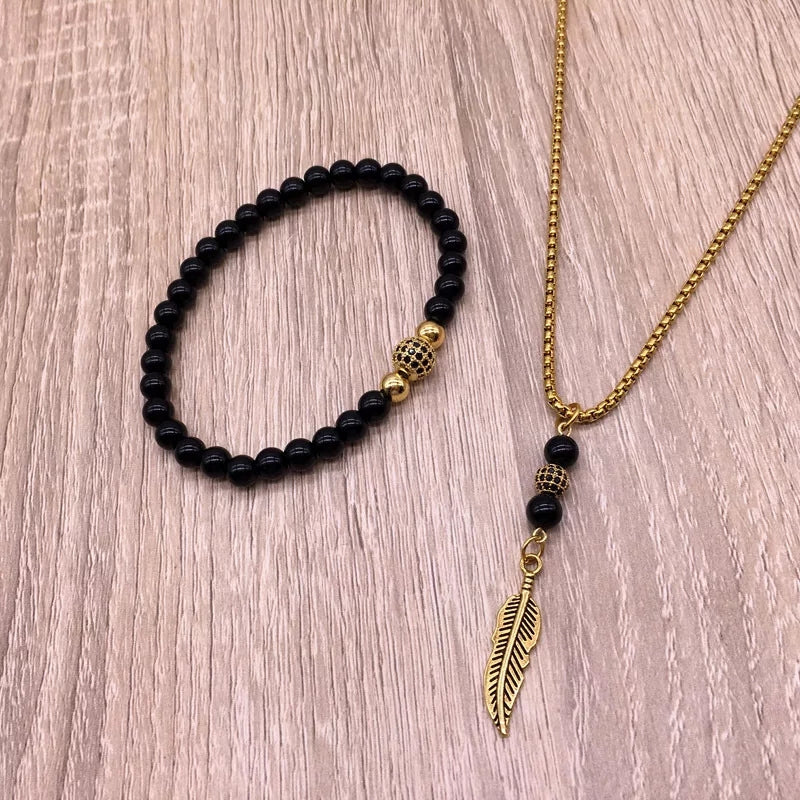 Golden Feather Pendant Necklace & Bracelet Set