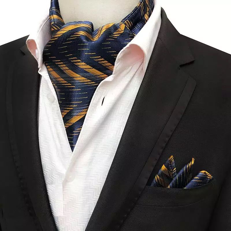 golden blue lines pattern ascot tie for men