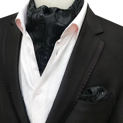 Black Paisley Ascot cravat tie and pocket square for men online in Pakistan