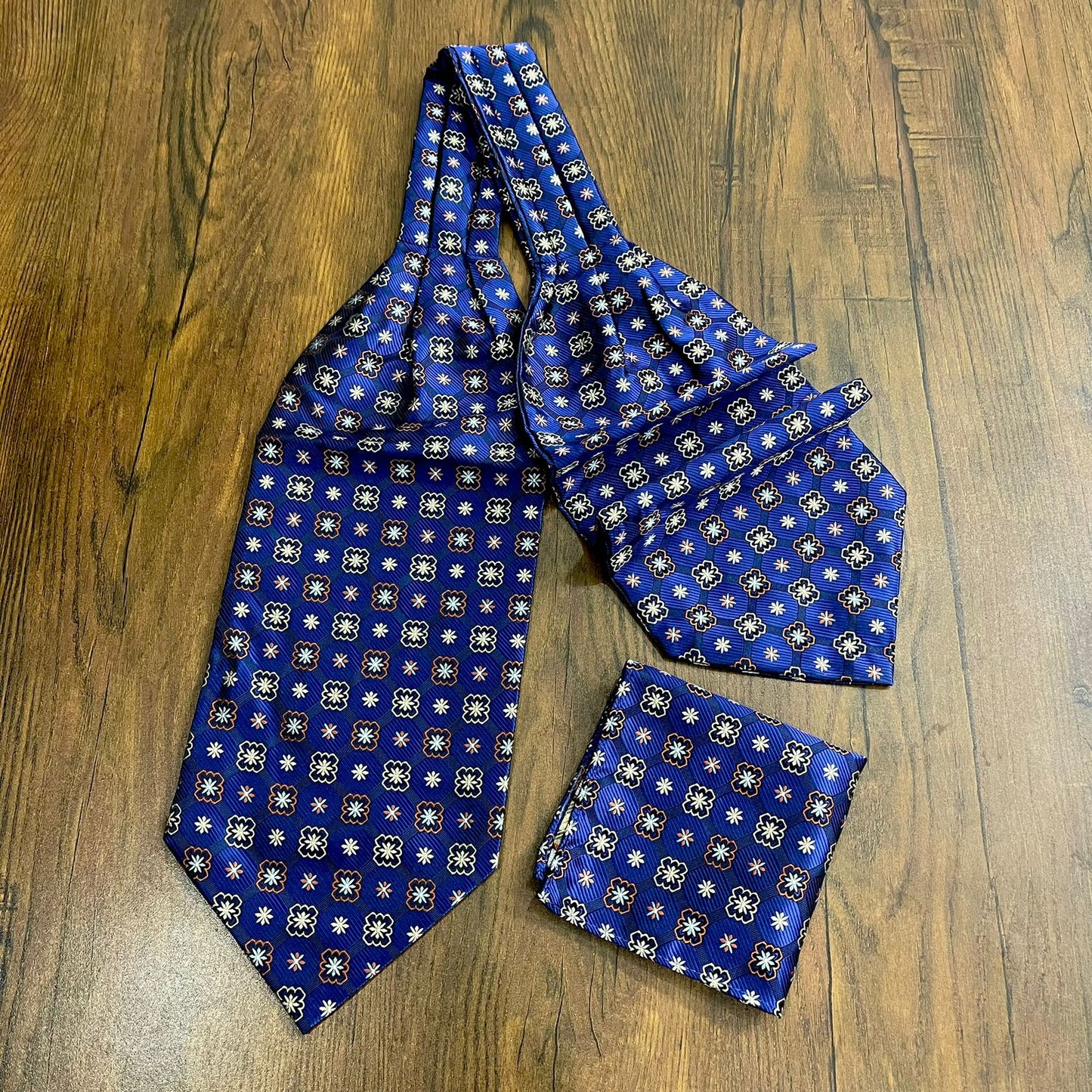 Men's Ascot Blue and Golden Floral Jacquard Woven Cravat Tie and Pocket Square Set