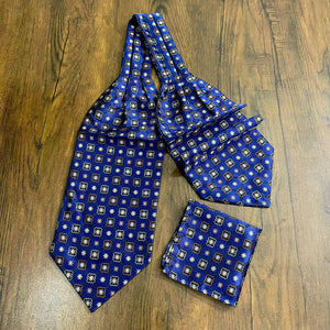 Men's Ascot Blue and Golden Floral Jacquard Woven Cravat Tie and Pocket Square Set