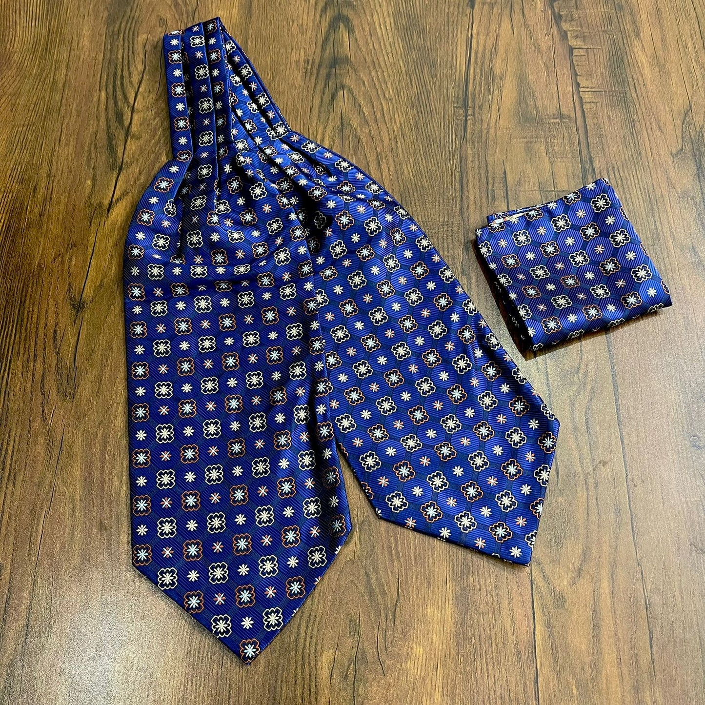 Men's Ascot Blue and Golden Floral Jacquard Woven Cravat Tie and Pocket Square Set