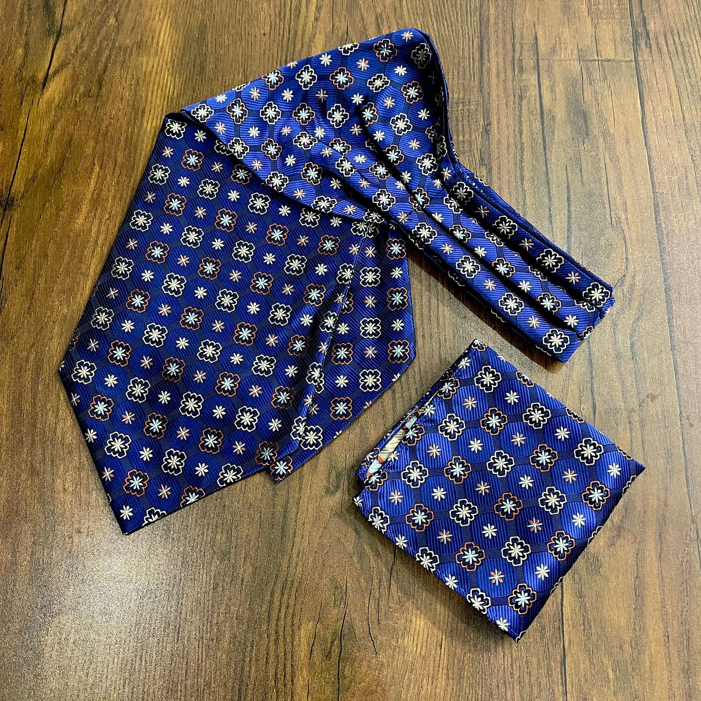 Men's Ascot Blue and Golden Floral Jacquard Woven Cravat Tie and Pocket Square Set