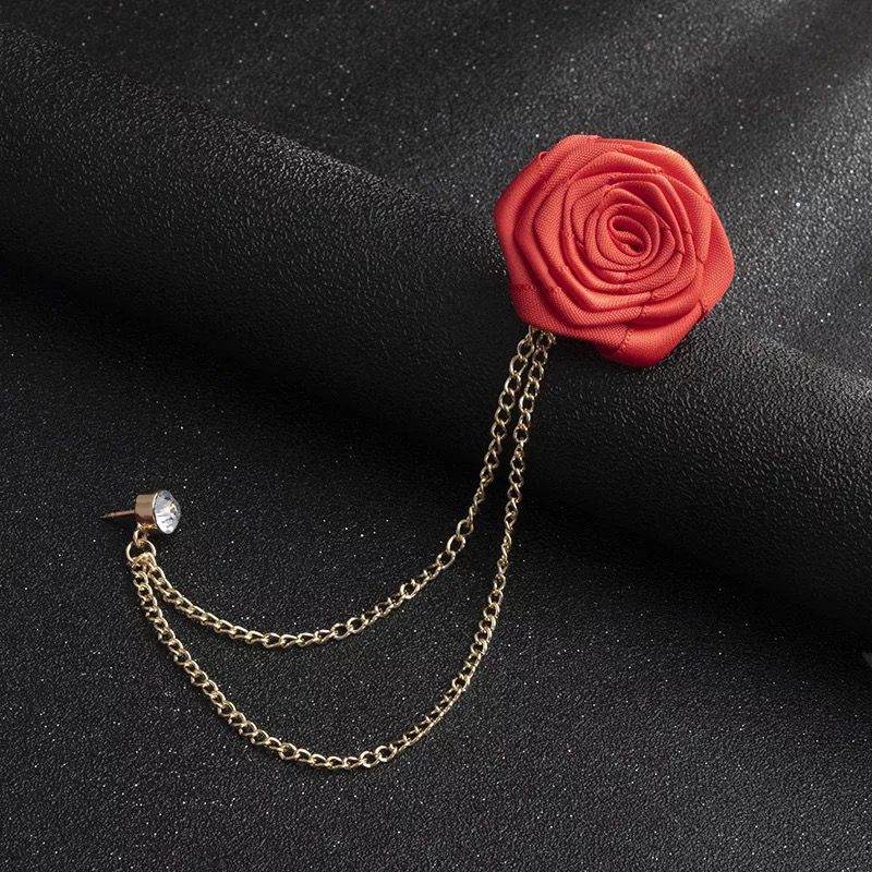 Red Flower With Chain Tussle Lapel Pin For Wedding Suit
