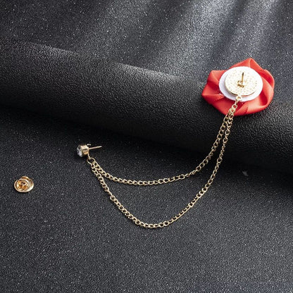 Red Flower With Chain Tussle Lapel Pin For Wedding Suit