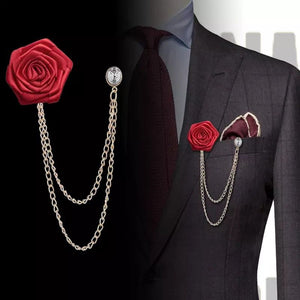 Red Flower With Chain Tussle Lapel Pin For Wedding Suit