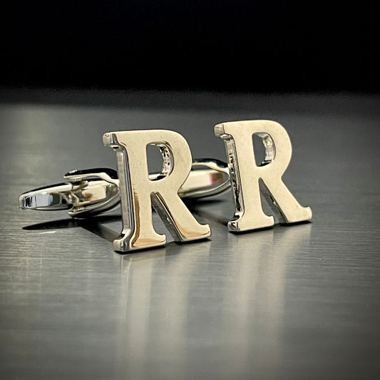 R Letter Alphabet Silver Cufflink