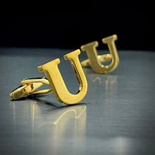 Load image into Gallery viewer, U Letter Alphabet Name Initial Golden Cufflinks For Men Online In Pakistan