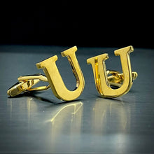 Load image into Gallery viewer, U Letter Alphabet Name Initial Golden Cufflinks For Men Online In Pakistan