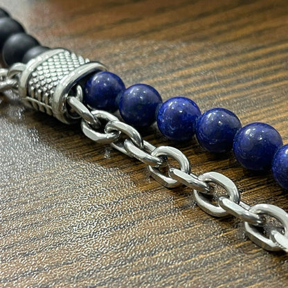 Blue & Matt Black Stone Double Chain Bracelet For Men