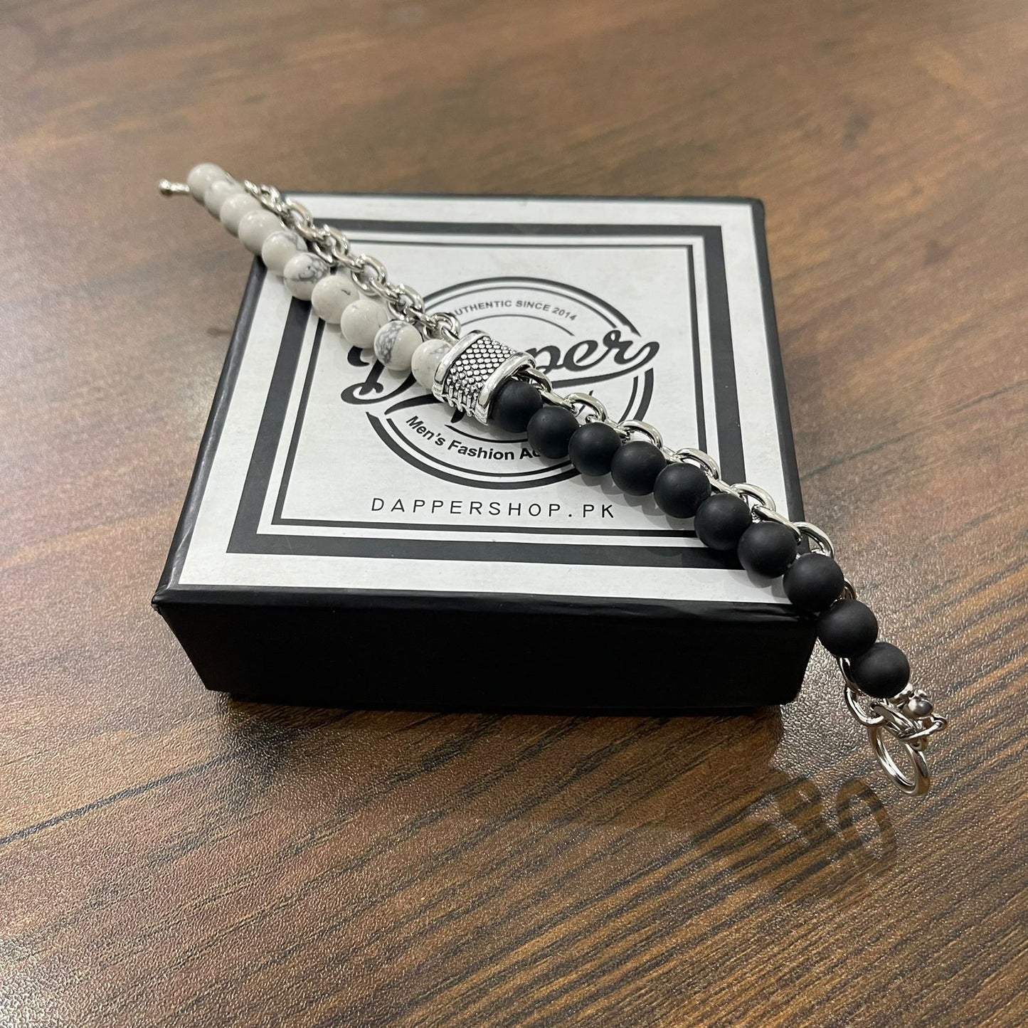 White & Matt Black Stone Double Chain Bracelet For Men