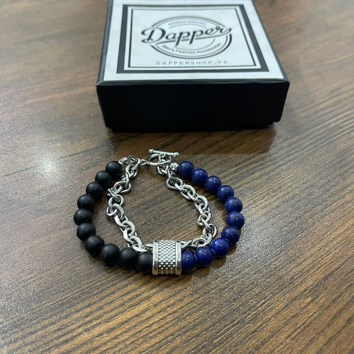 Blue & Matt Black Stone Double Chain Bracelet For Men