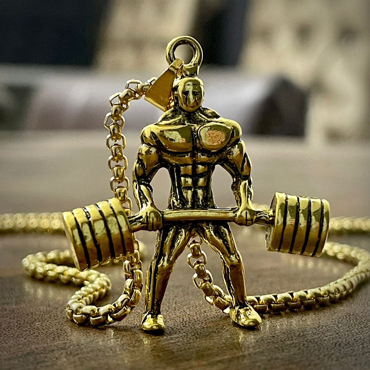 Body Builder With Barbell Pendant (Antique Gold)