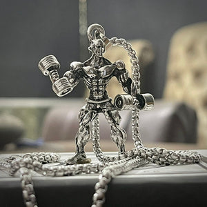 Body Builder With Dumbell Pendant (Antique Silver)
