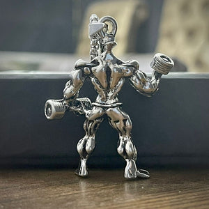 Body Builder With Dumbell Pendant (Antique Silver)