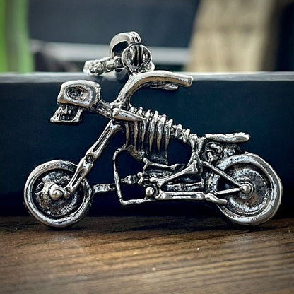 Antique Silver Skull Motorcycle Pendant Necklace