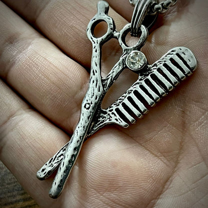 Antique Silver Scissor Comb Pendant Necklace