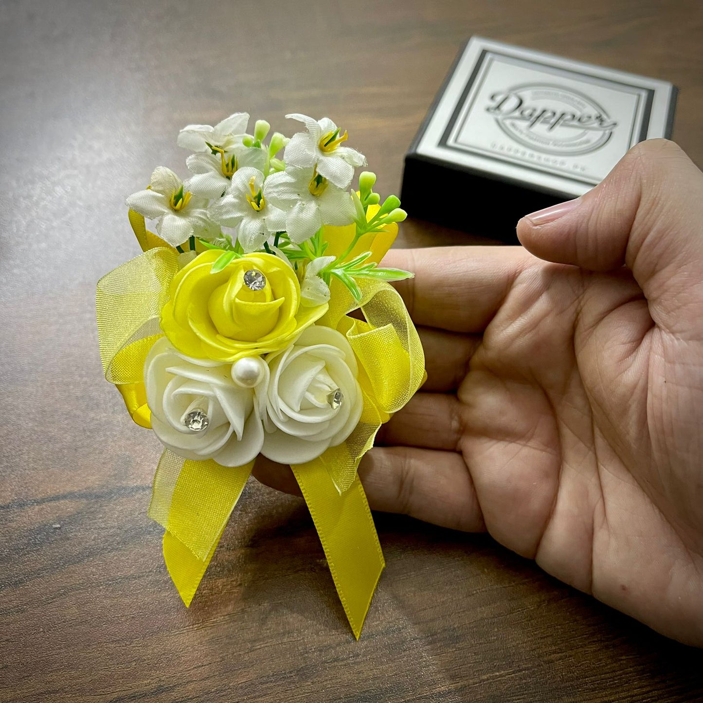 Yellow and White Flower Wedding Corsage For Men
