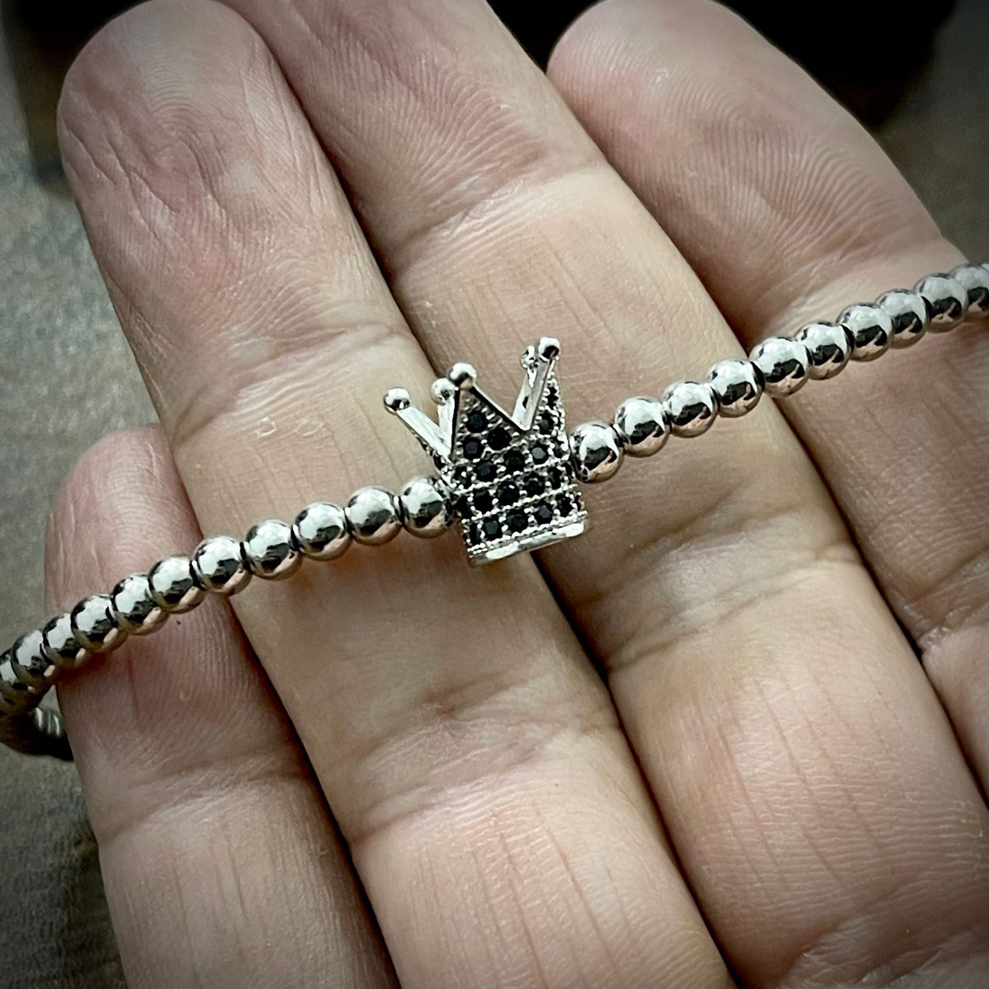 Silver Cubical Zircon Paved Crown Beads Bracelet