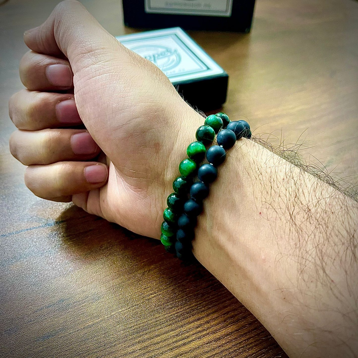 Matt Black & Green Agate Energy Stone Beads Distance Bracelet Set Couple Bracelet