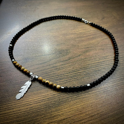 Silver Feather & Black Beads Pendant Necklace For Men