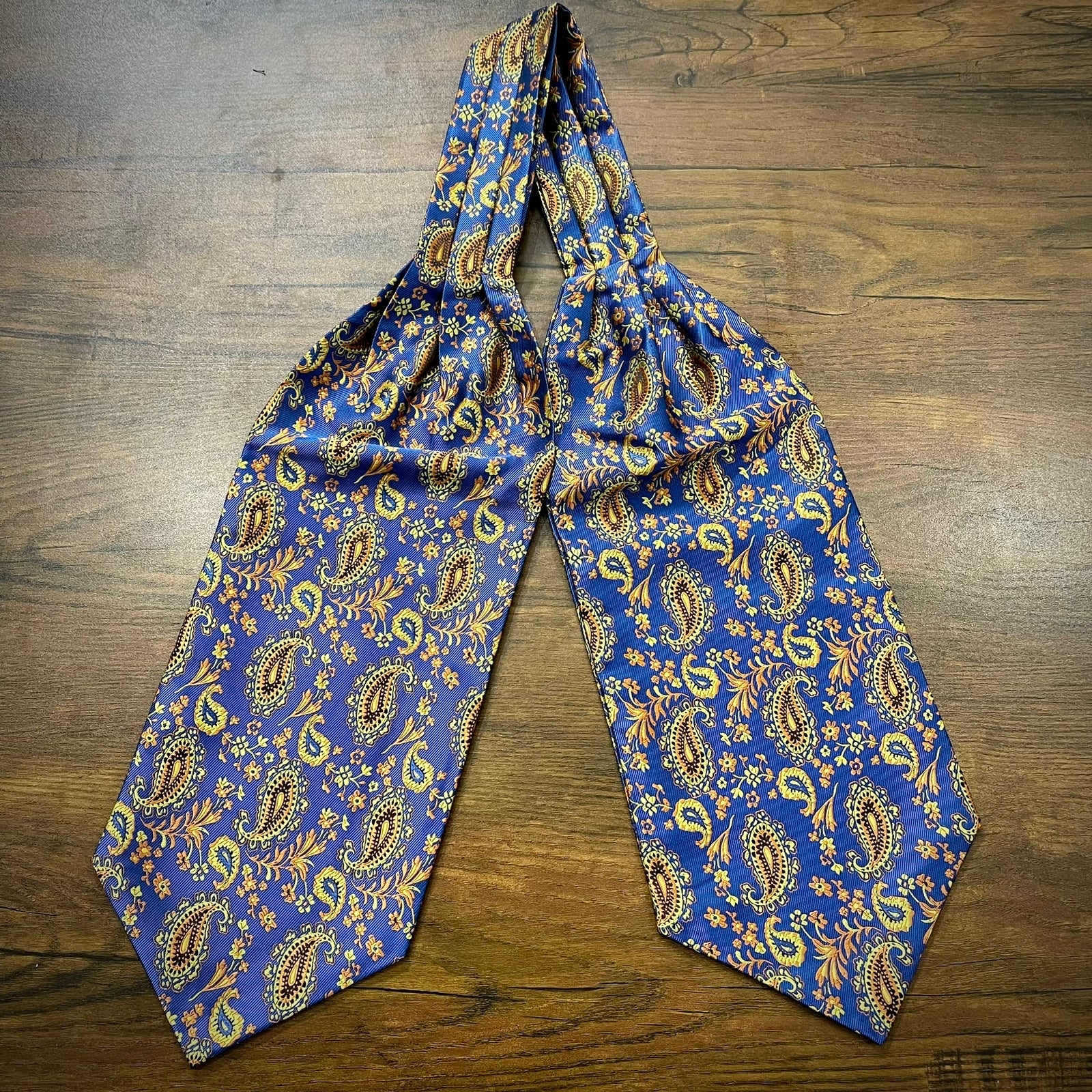 Blue and Golden Floral paisley ascot cravat tie silk neck scarf for men in pakistan