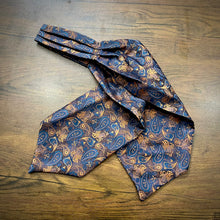 Load image into Gallery viewer, Blue and Golden Floral paisley ascot cravat tie silk neck scarf for men in pakistan