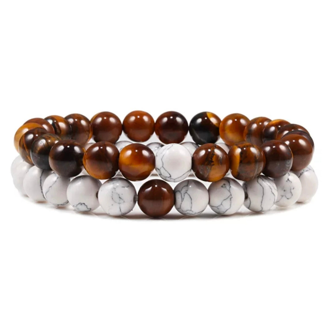 Tiger Eye & White Howlite Energy Stone Beads Distance Bracelet Set Couple Bracelet
