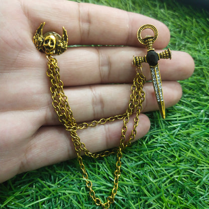 Antique Gold Sword & Skull Chain Brooch For Men