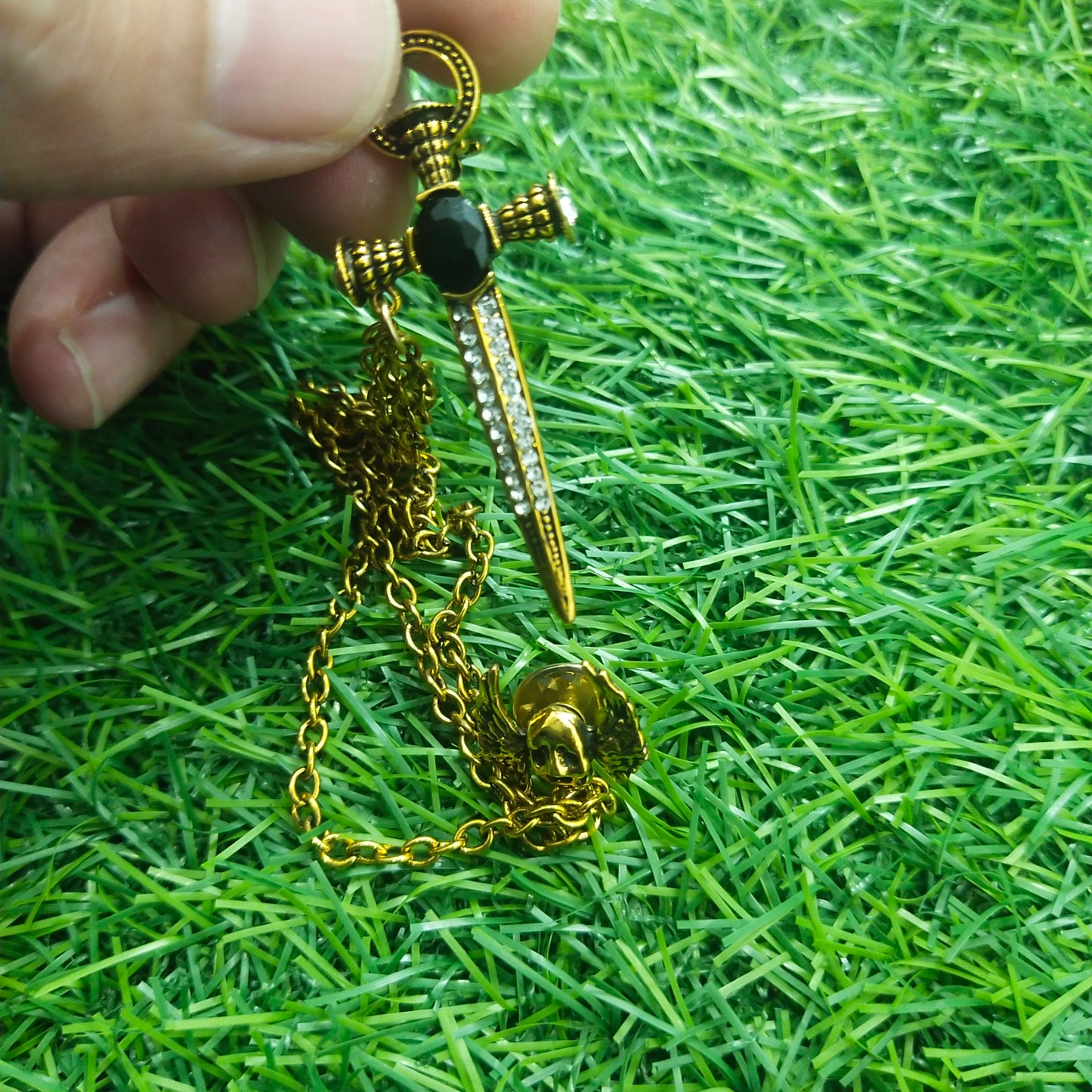 Antique Gold Sword & Skull Chain Brooch For Men