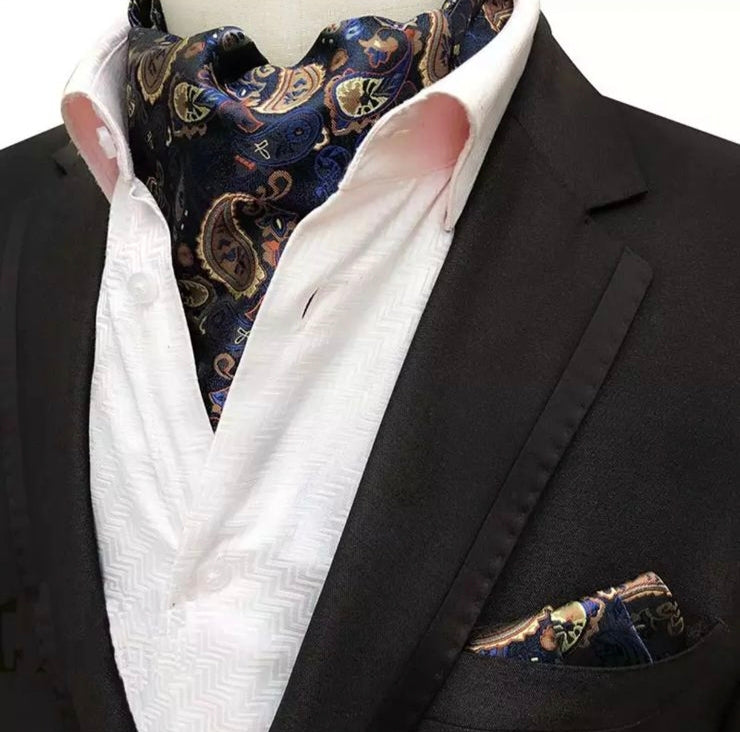 Navy Blue Golden Floral ascot cravat tie for men